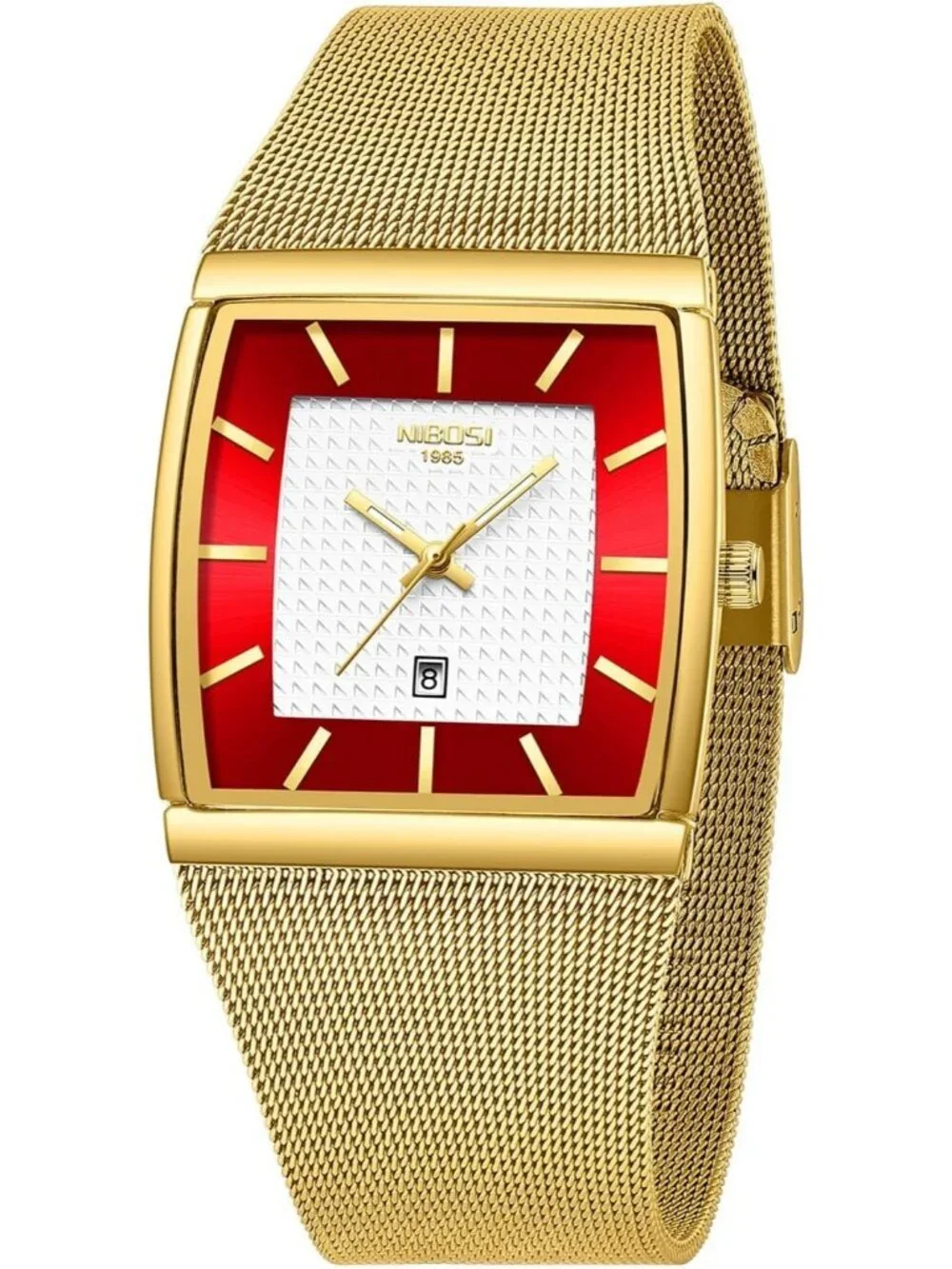 Nibosi Men's Gold Red Square Analog Quartz Stainless Mesh Strap Waterproof Watch